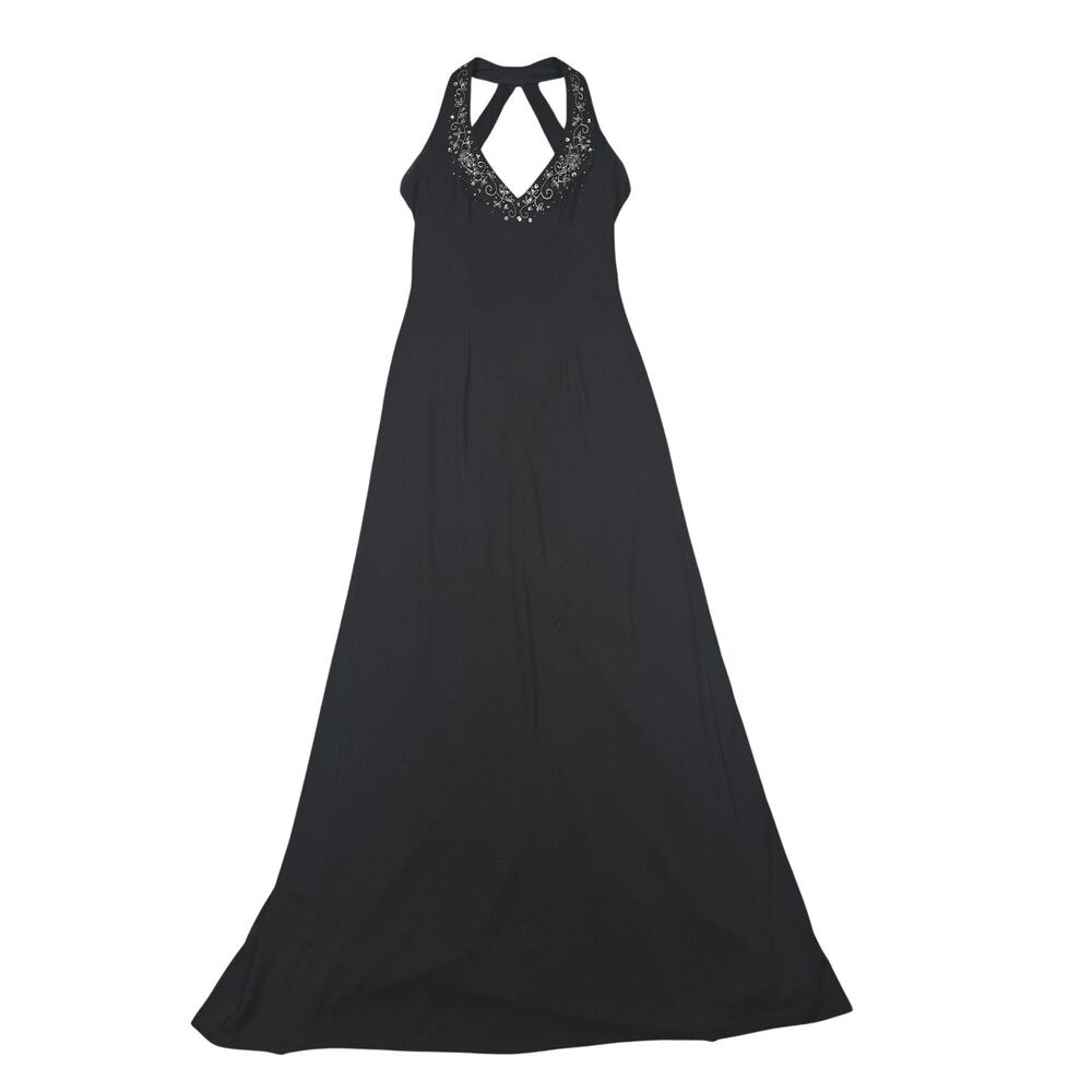 VTG y2k Jane & Johnny Slip Dress 4 Black Halter Beaded Maxi Formal Prom Party